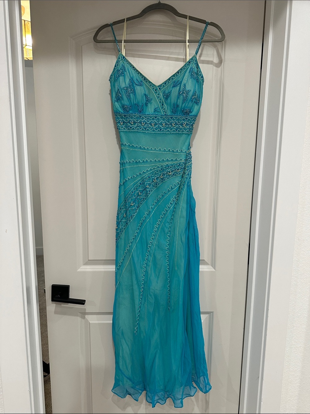 Vintage MARINA Turquoise Beaded Spaghetti-Strap Prom Dress